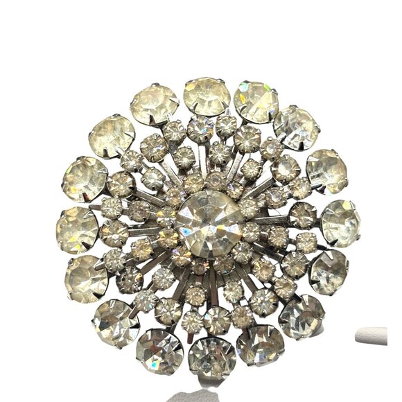 Vintage Estate Rhinestone Starburst Brooch Pin Silver-Tone Clear Crystal - Picture 6 of 9